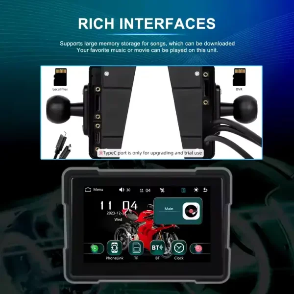5" Motorcycle Portable CarPlay & Android Auto Dual Lens DVR Monitor, IP67 Waterproof with Front/Rear Camera | IOS & Android Compatible - Image 3