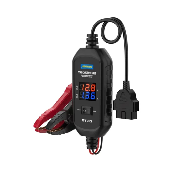 AUTOOL BT30 ECU Emergency Power Supply Cable, Voltage & Current Display, 3A Fuse, Insulated Clamp, 3-Year Warranty | ECU Memory Saver
