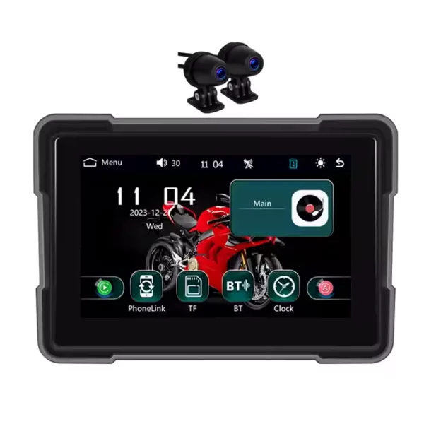 5" Motorcycle Portable CarPlay & Android Auto Dual Lens DVR Monitor, IP67 Waterproof with Front/Rear Camera | IOS & Android Compatible