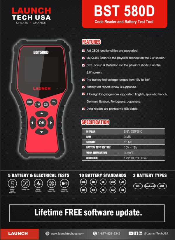 Launch BST580D Battery Tester and Code Reader Tool – Professional OBD & Battery Diagnostic Device | Support OBDII | 5 Battery Test Modes - Image 2
