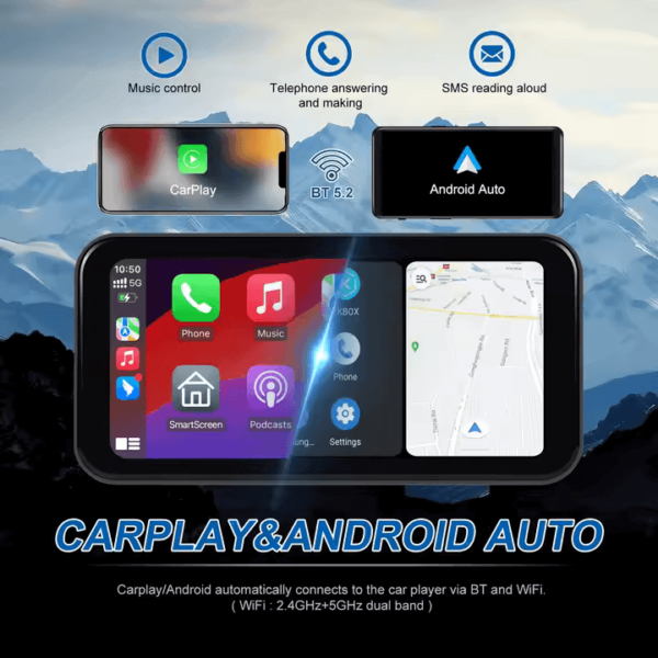 6.25" Portable Wireless Motorcycle DVR | CarPlay & Android Auto | IP67 Waterproof & Dustproof | Steering Wheel Control | IPS LCD Display - Image 3